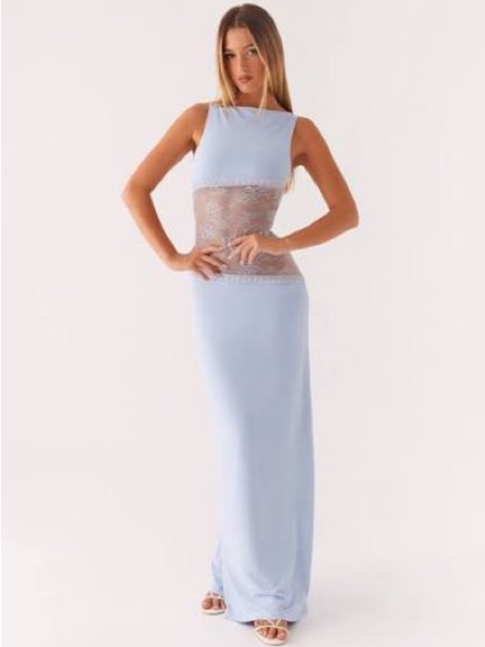 Peppermayo Pale Blue Maxi Dress with Sheer Lace Waist